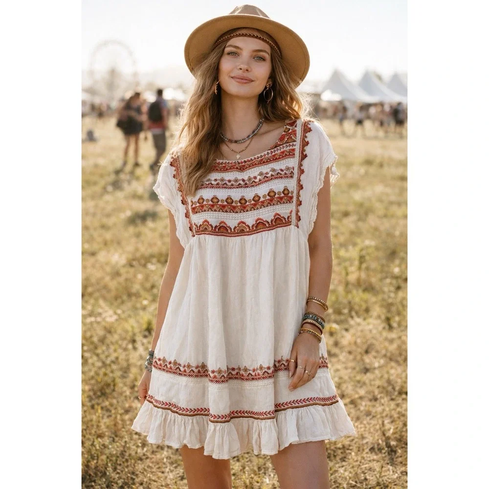 Free People Dress XS Sunrise Wanderer Mini Dress Embroidered Floral Boho Peasant